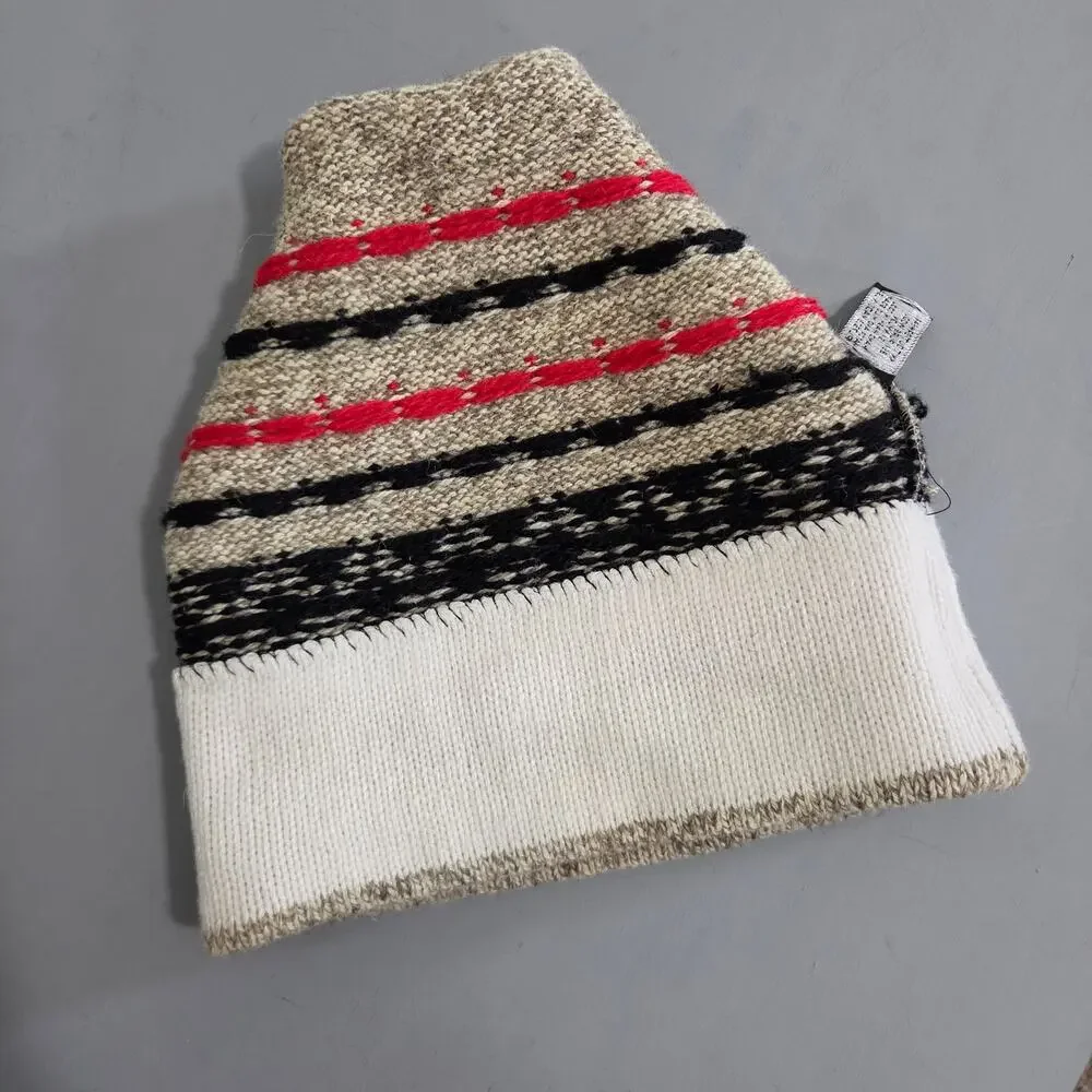 Wool Blend Fair Isle Knit Beanie Hat Brown Black Red Winter Ski Hat Made in USA